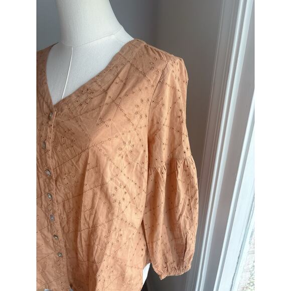 NWT J. Jill Eyelet Lantern Sleeve Blouse XS Petite Button Front V Neck Ginger - Picture 3 of 6
